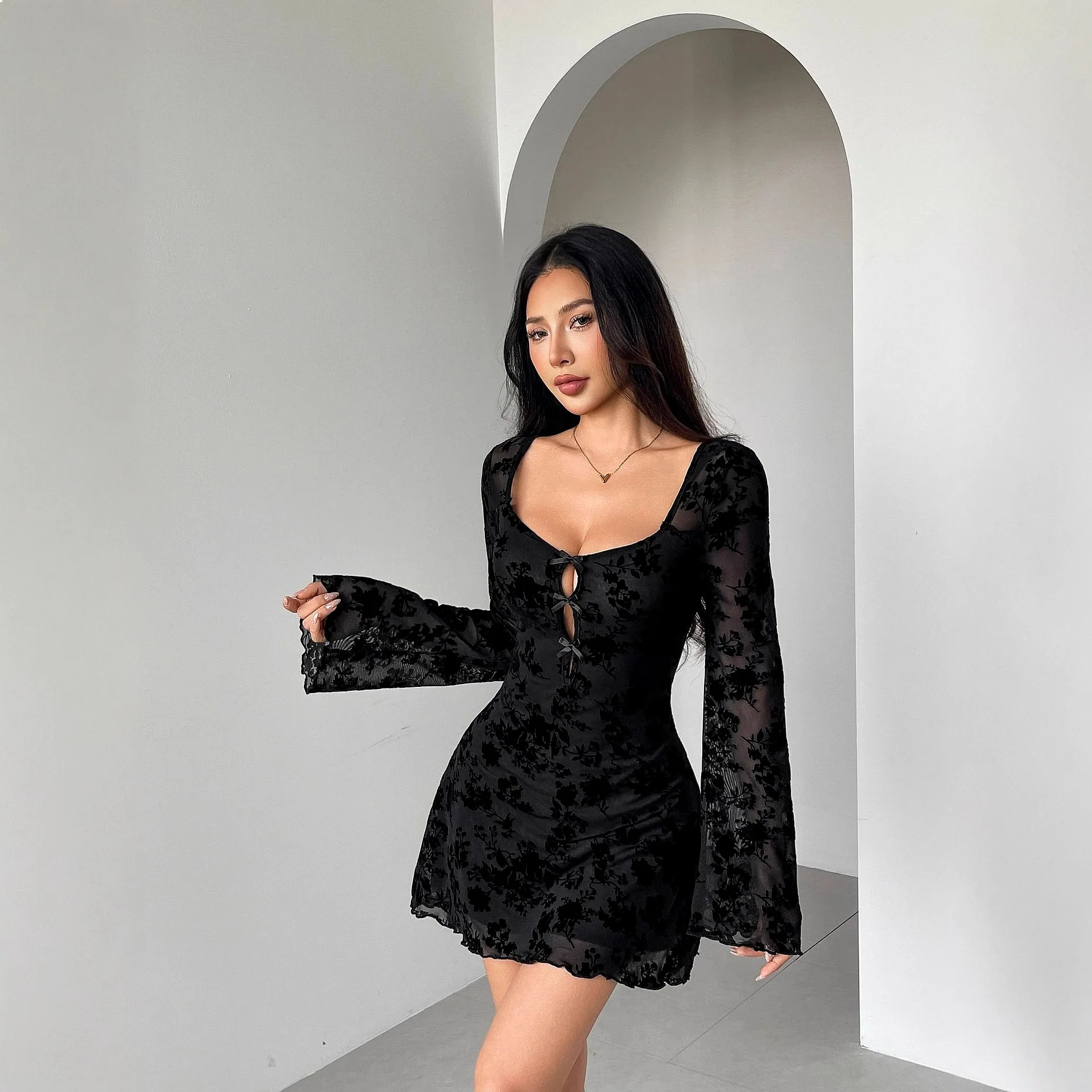 Women Dress Floral Flocked Sleeve Hollow Out Bow Party Dresses Spring Summer Elegant Evening Dress Ladies Fashion