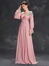 Mgiacy Round neck Color embroidered half-through chiffon chiffon long sleeve dress Ball Dress Party dress Bridesmaid dress