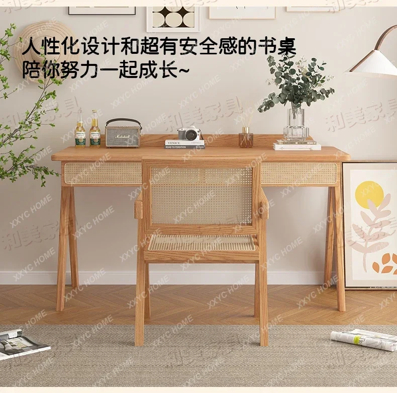 JYA solid wood rattan desk retro style ash wood dresser makeup table bedroom learning computer table