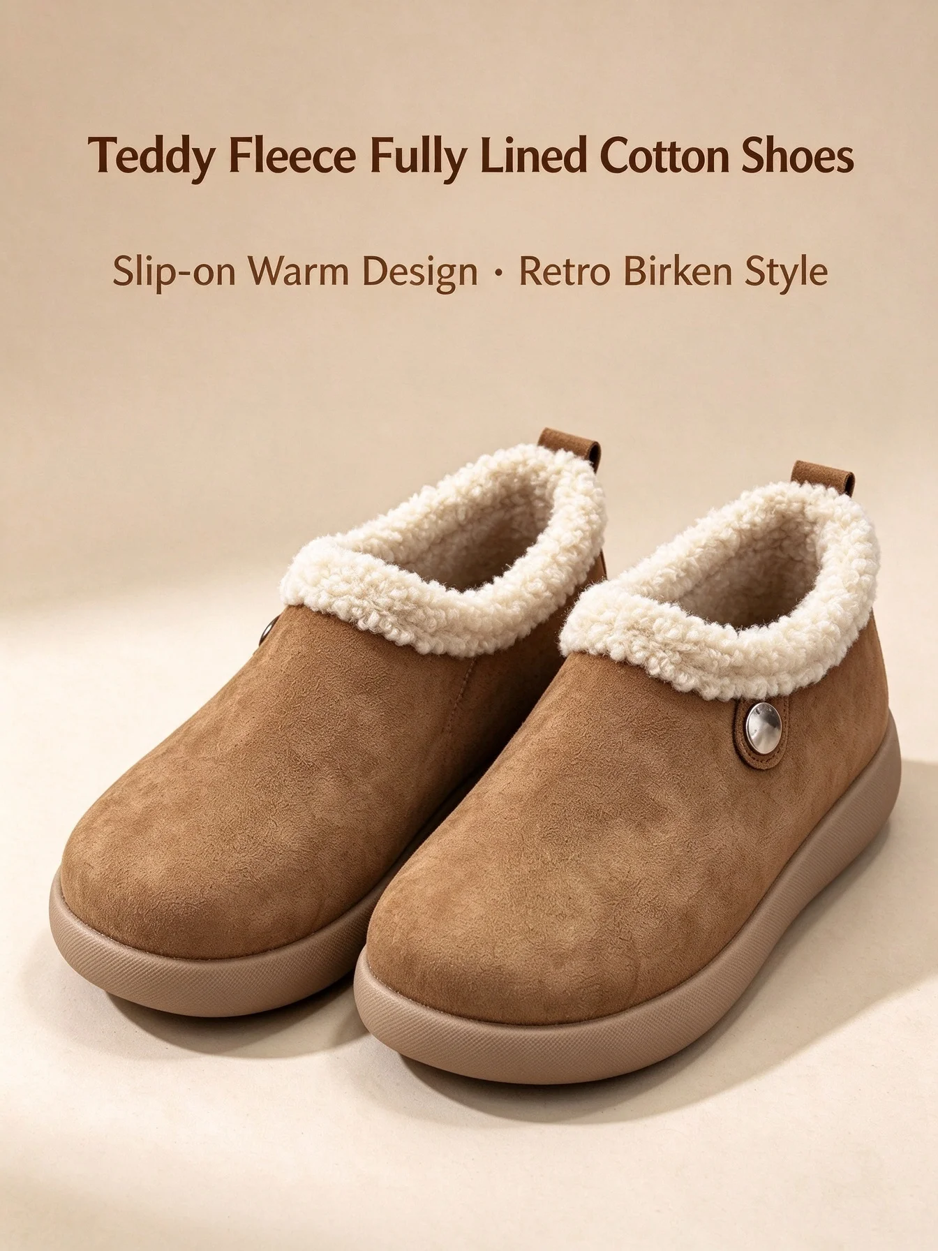 Damen-Winterstiefeletten, aus Kunstlederimitat, mit Teddy-Fleece-Futter, zum Hineinschlüpfen, warm, mit runder Spitze, rutschfester, dicker Sohle, im Retro-Stil, Baumwollstiefeletten. – Detail 1