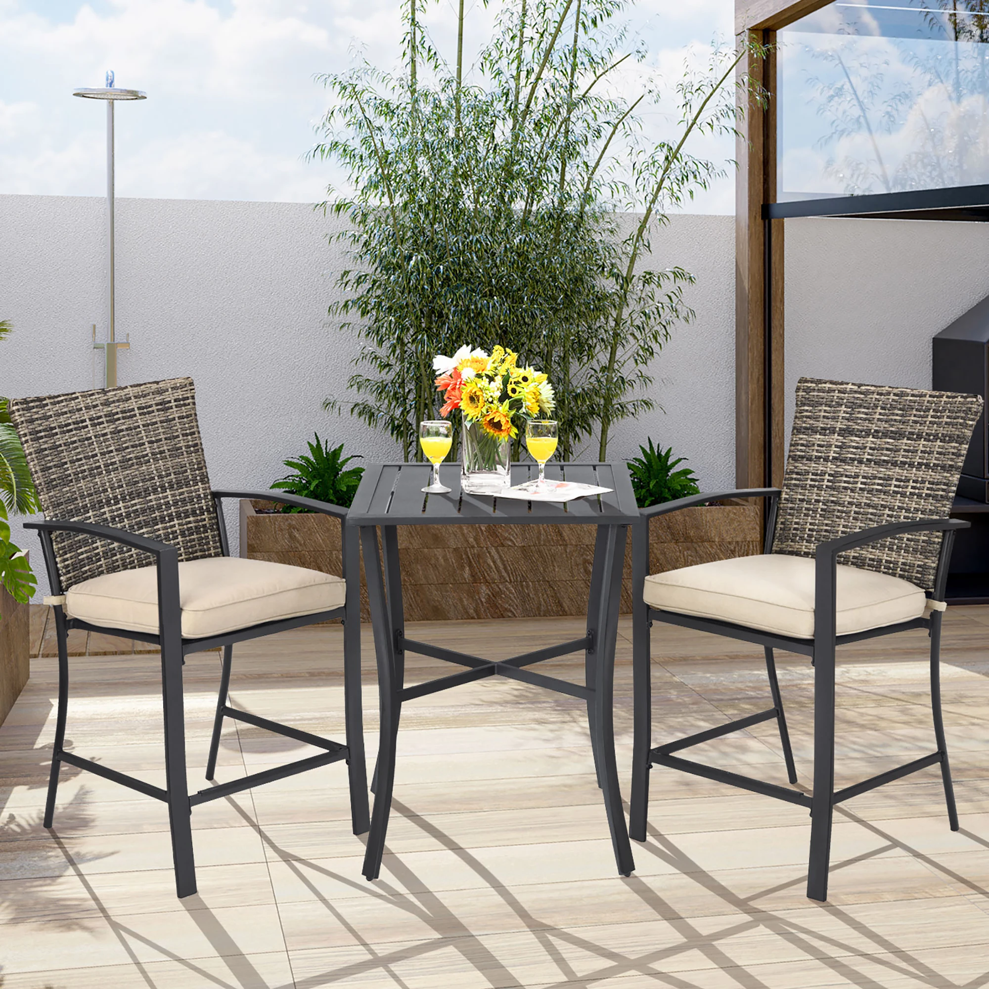 3PCS Patio Rattan Bar Furniture Set Slat Table 2 Cushioned Stools Poolside Gray