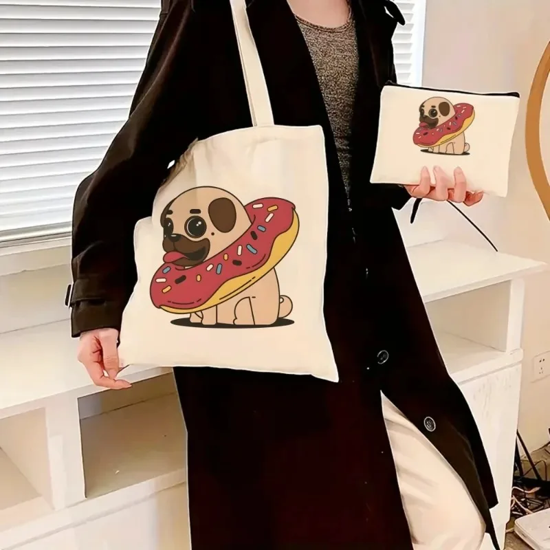 2pcs Set Cute Pug Dog Printing Handbag Cosmetic Bag Ladies Fashion Canvas Shoulder Large Capacity Travel Lovely Dogs Cartoon Bag