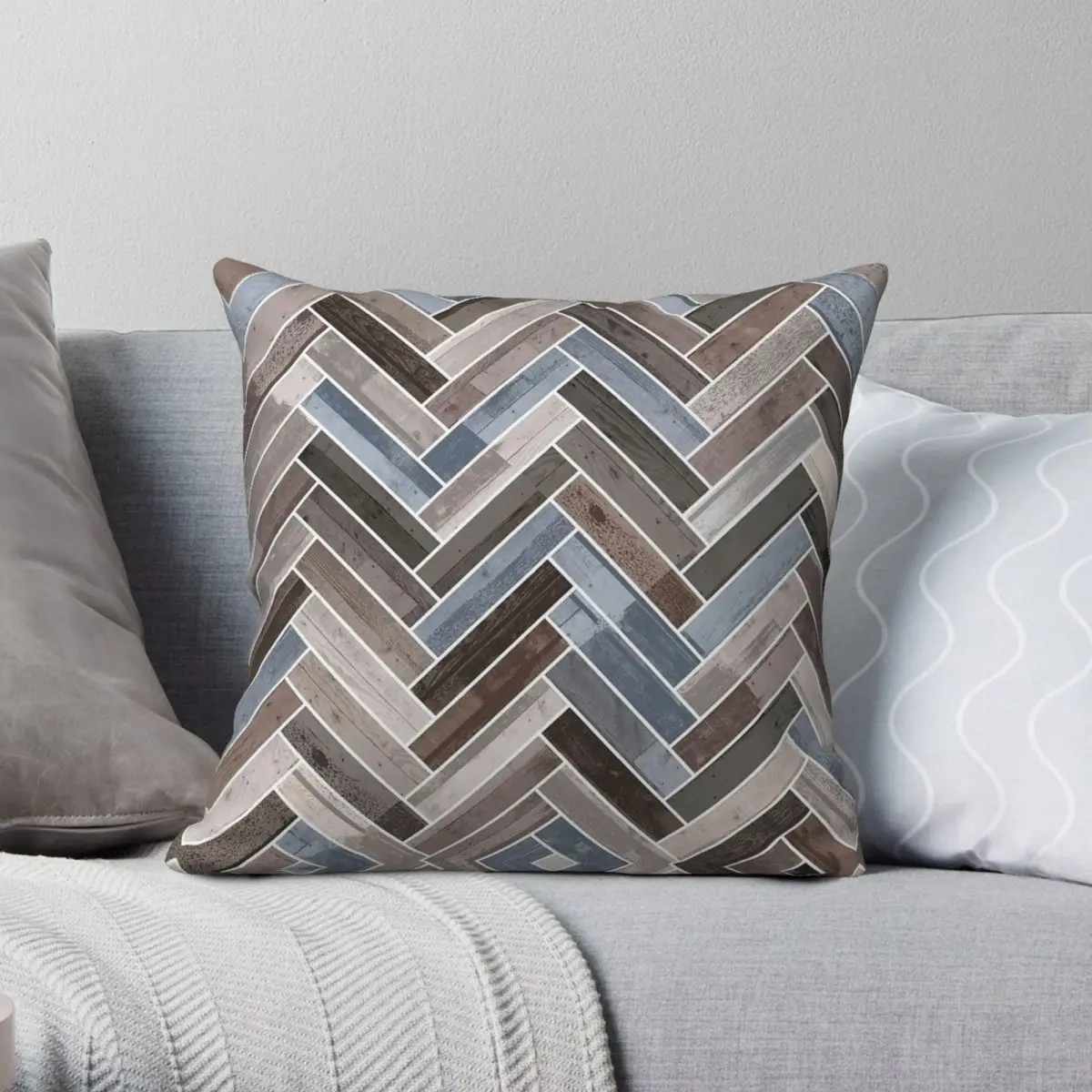 Herringbone In Blue Brown Grey Square Pillowcase Polyester Linen Velvet Printed Zip Decor Pillow Case Bed Cushion Cover