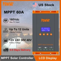 PowMr 60A MPPT Solar Charger Controller 12V/24V/36V/48V LCD Dispaly Max Solar Panel PV 160V Support Parallel Max 12 Units Fit for Home RV Boat Camp
