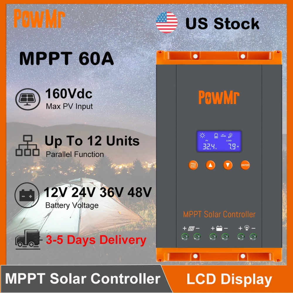 PowMr 60A MPPT Solar Charger Controller 12V/24V/36V/48V LCD Dispaly Max Solar Panel PV 160V Support Parallel Max 12 Units Fit for Home RV Boat Camp