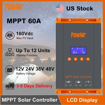 PowMr 60A MPPT Solar Charger Controller 12V/24V/36V/48V LCD Dispaly Max Solar Panel PV 160V Support Parallel Max 12 Units Fit for Home RV Boat Camp
