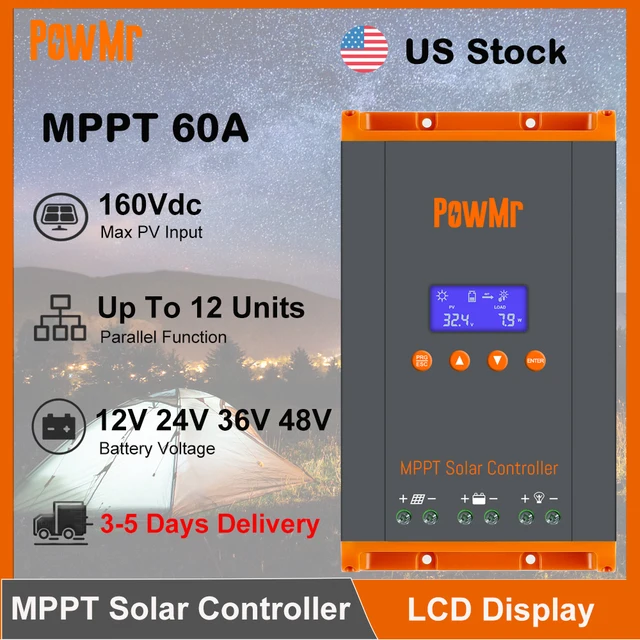 PowMr 60A MPPT Solar Charger Controller 12V/24V/36V/48V LCD Dispaly Max Solar Panel PV 160V Support Parallel Max 12 Units Fit for Home RV Boat Camp PowMr 60A MPPT Solar Charger Controller 12V/24V/36V/48V LCD Dispaly Max Solar Panel PV 160V Support Parallel Max 12 Units Fit for Home RV Boat Camp