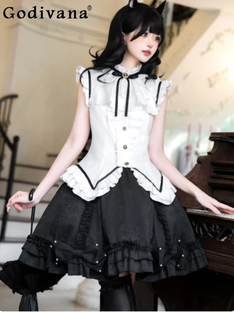 Lolita Retro Gothic Elegant Lolita Sleeveless Stand-up Collar Shirt Fashion Girl Versatile A-line Sweet Bow Black Skirt Sets