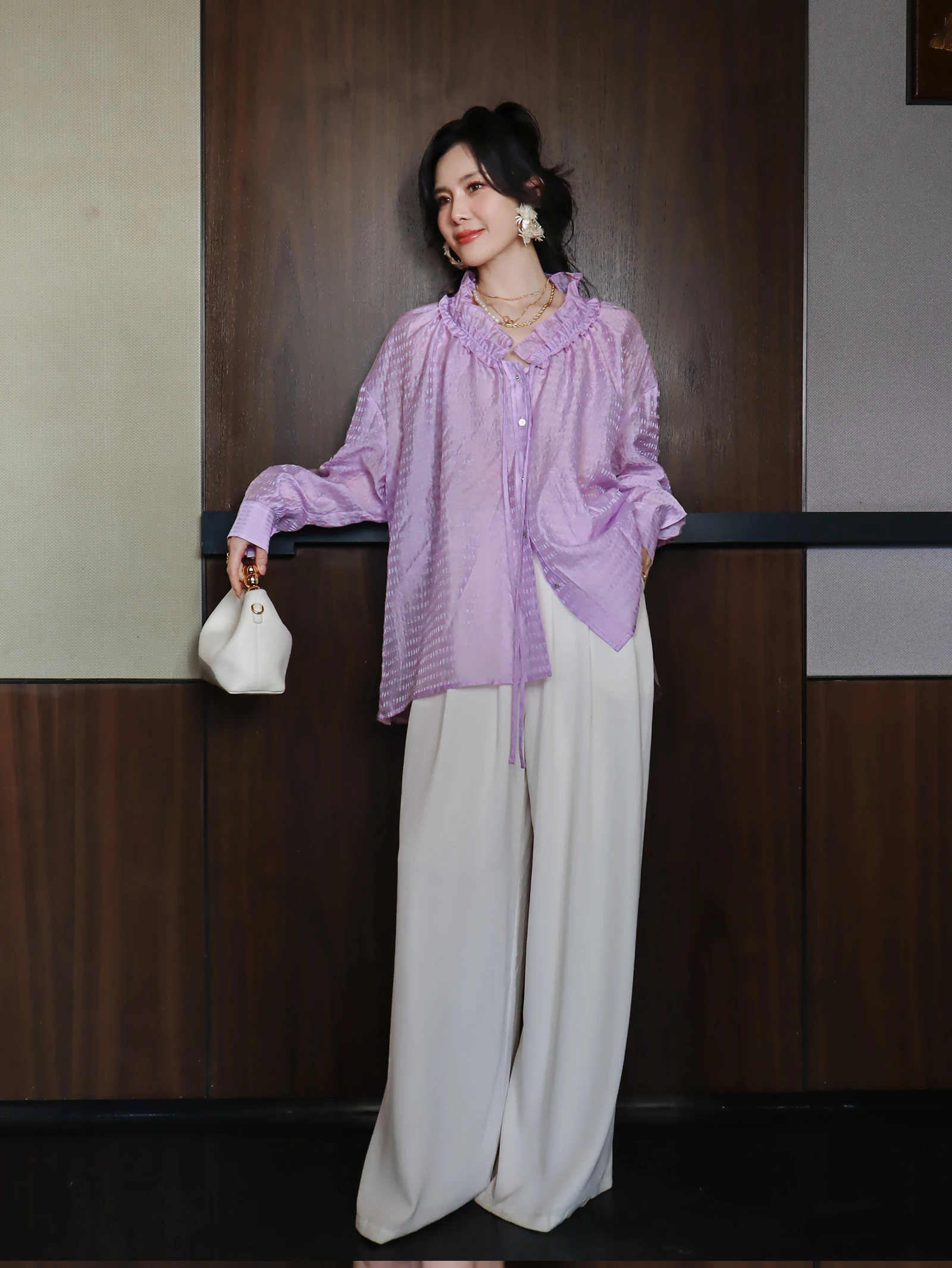 

Loose Thin Korean Style Sun Protection Purple Shirt Women's Spring Summer Anti-Aging Lace Collar Silk Feeling Long Sleeve Blouse