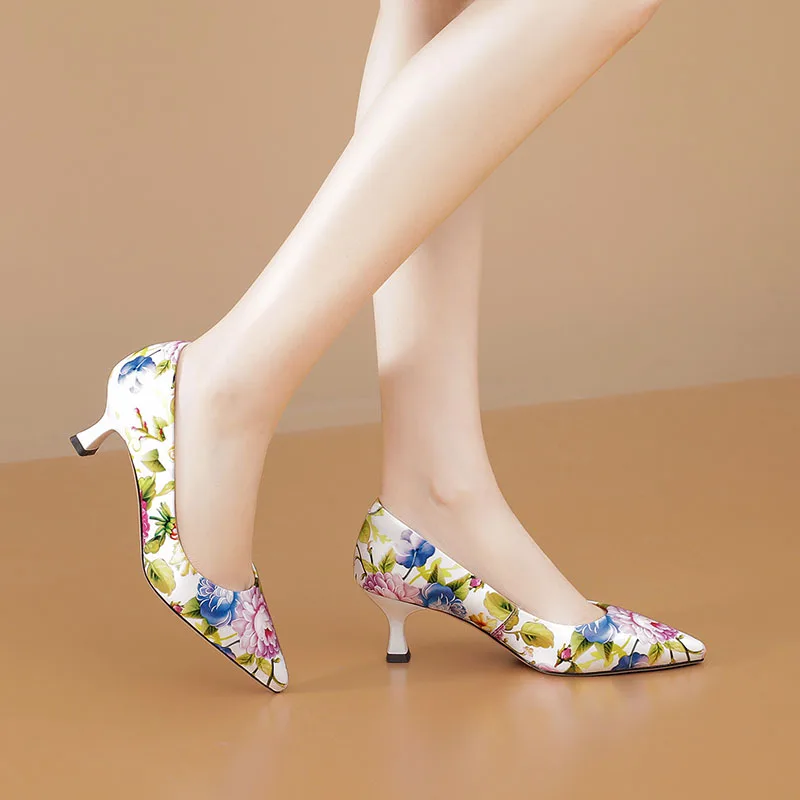 Photin Kitten Heels 5cm Flower Print scarpe Vintage da donna 2024 scarpe con tacco medio a punta Plus Size 34 ~ 43 FT3225