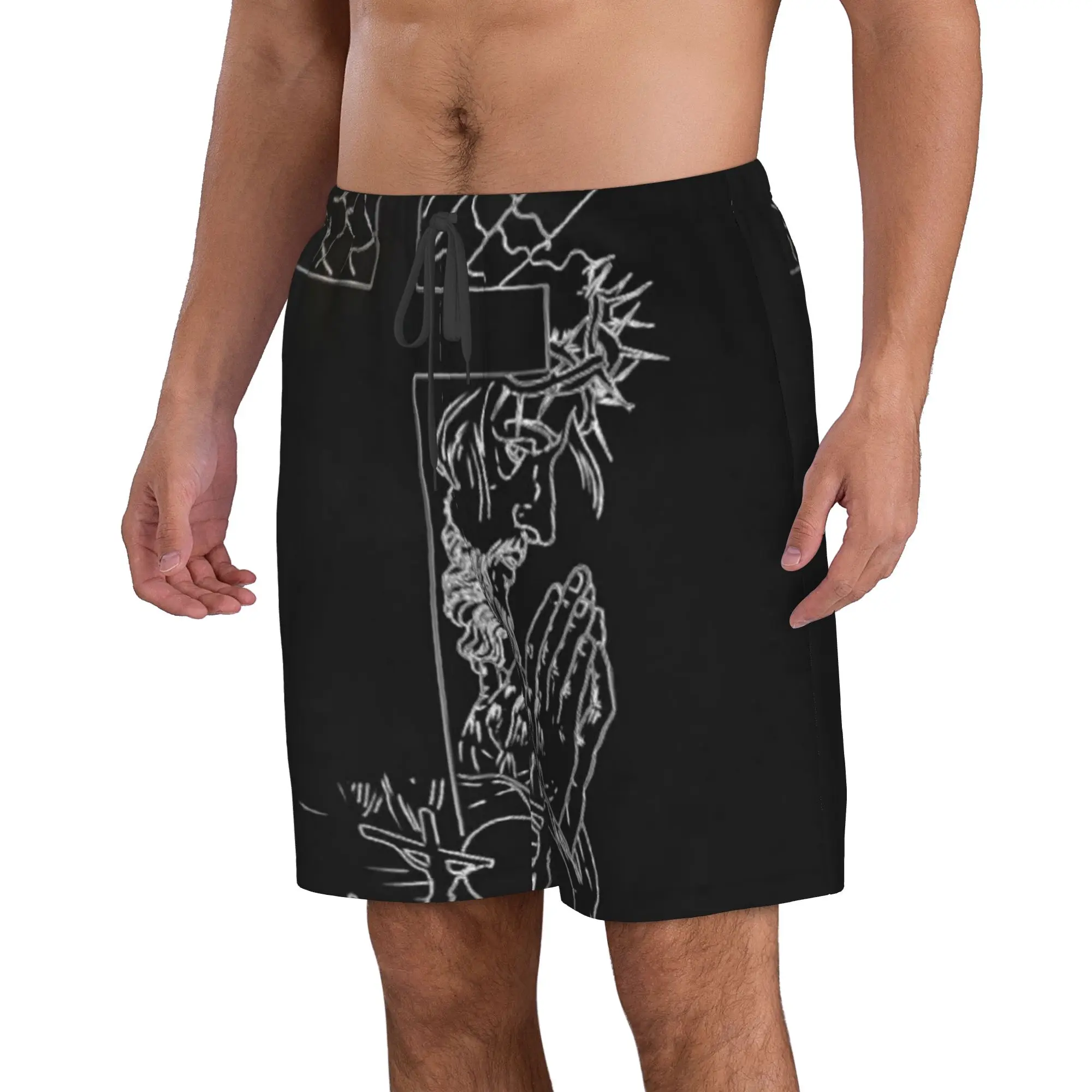 Jesus Christ and Christian Cross Dark Print Trunks Beach Board Shorts Casual Quick Dry Swim Summer Men Pants