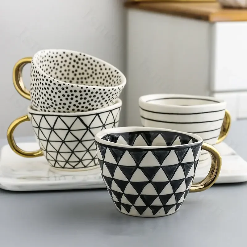 Creative American Style Ceramic Mugs Coffee Cups Afternoon Tea Golden Stroke Geometry Irregular Coffee Cup Italian Espresso Mug