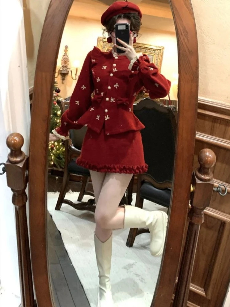 الفرنسية أنيقة الرجعية الأحمر 2 قطعة مجموعات النساء صالح شيك القوس سترة + تنورة صغيرة الشتاء خمر الحلو عيد الميلاد موضة وتتسابق 2025 #5