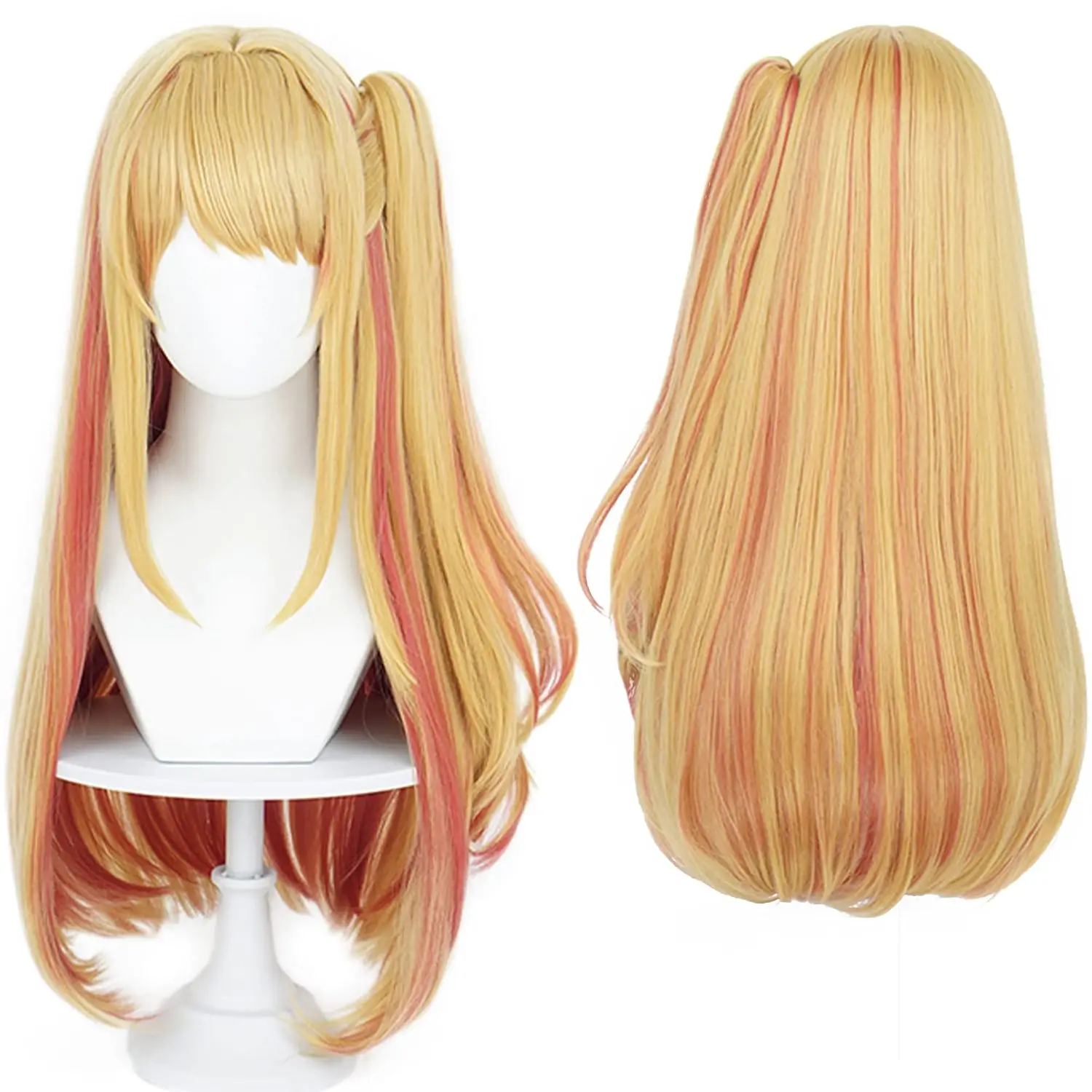 Anime BLonde mixed Pink wigs Longs Straight wig with pigtail for Women COS wig Halloween,Christmas Daily WIG Costume Party