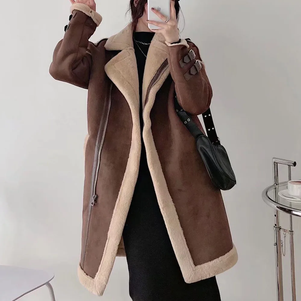 2023 Winter Women Fake Lambswool Long Coat Elegant Warm Long Suede Jacket Women Casual Brown Coats Femme Overcoat Streetwear