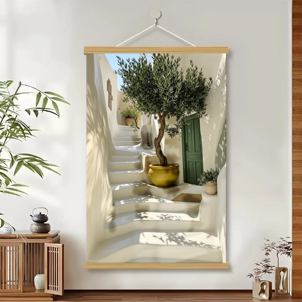 1pcs Mediterranean Landscape Scroll Hanging Canvas Painting Poster Prints For Home- Modern Greek Island Style Olive tree Poster