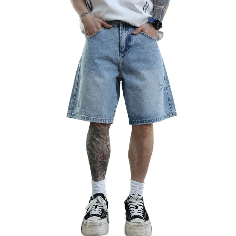 Washed Denim Shorts Men's Summer Streetwear Fashion Hip Hop Casual Loose Denim Wide Leg Short Baggy Jeans Pant Shorts