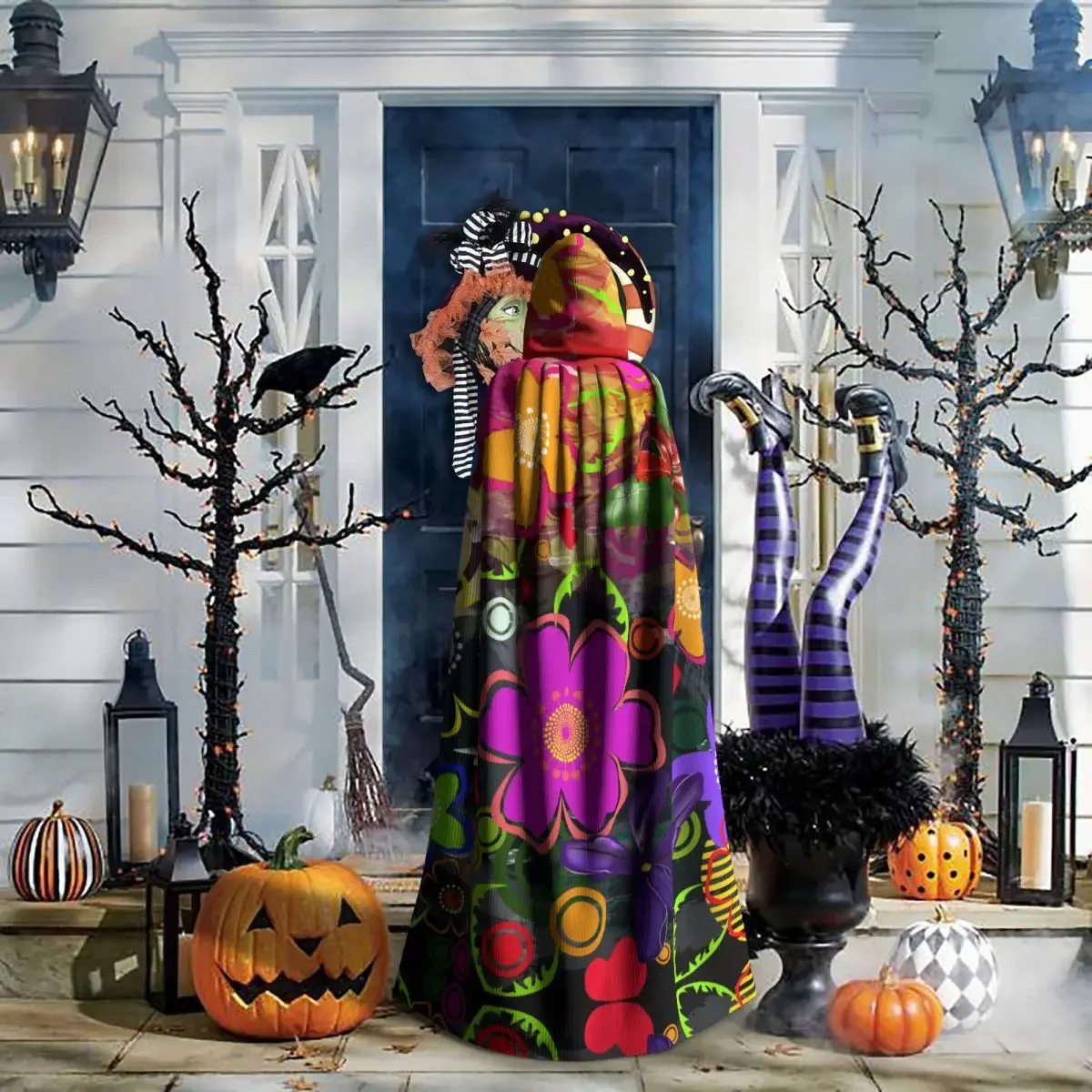Abstract Floral Flowers Decorative Ornaments Hooded Polyester Unisex Witch Cape Costume Accessory image 6