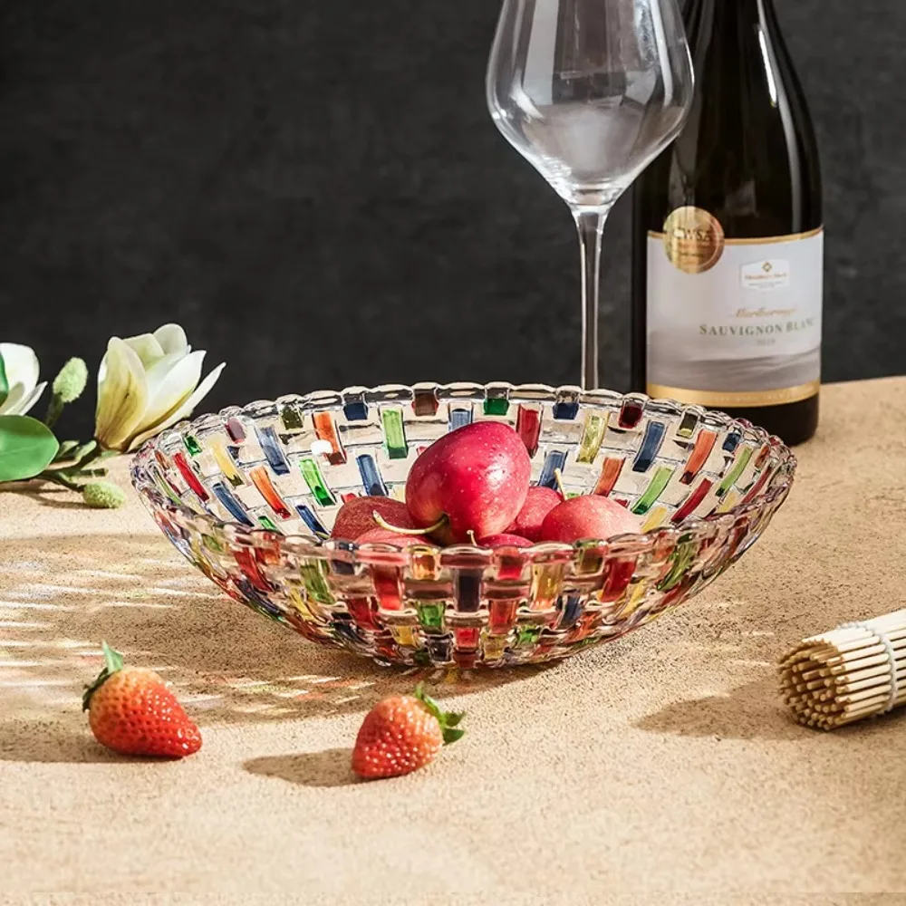 European-style Colored Woven Glass Fruit Plate Large Capacity Hand Painted Crystal Fruit Bowl Decorative Round Salad Plate