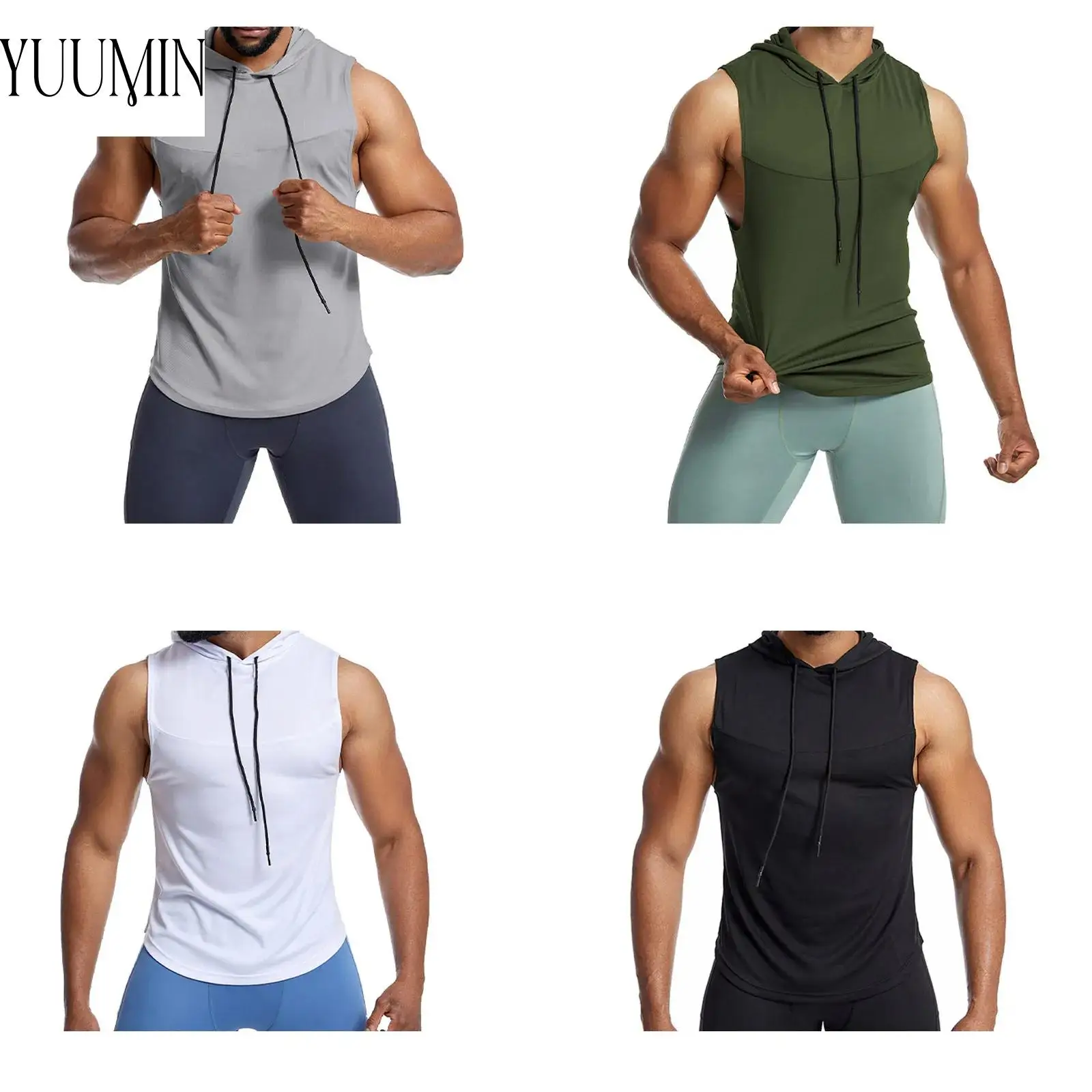 

Men Quick-drying Muscle Hooded Tank Top Sleeveless Drawstring Hoodie Curved Hem Athletic Vest for Basketball Workout Gym Fitness