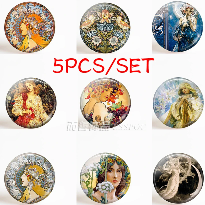 5PCS/SET Fashion Moon Goddess Mucha Art 25mm Round Glass Dome Cabochon Jewelry Accessories Pendant Making Necklace Supplies Gift