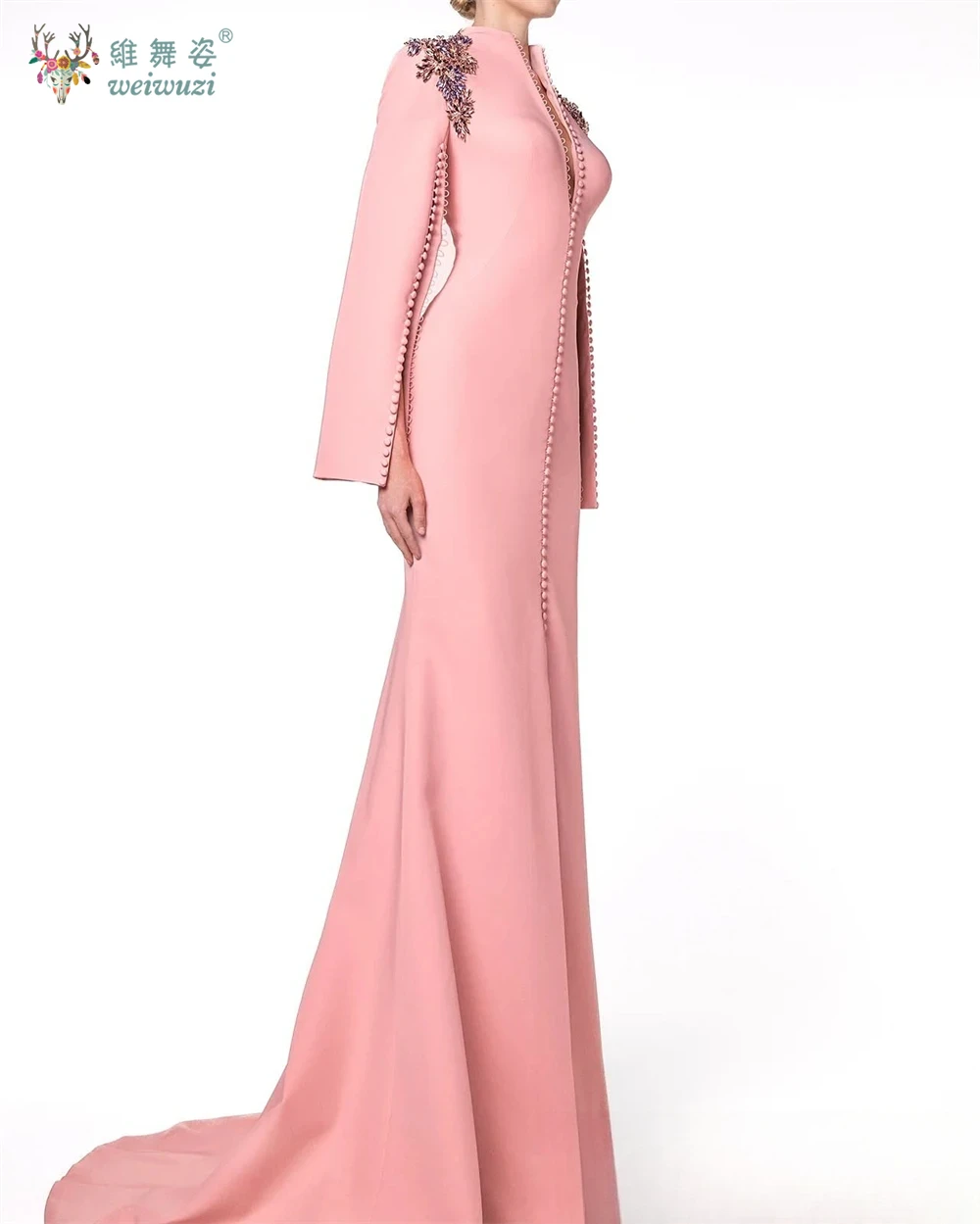 Exquisite Pink Deep V-neck Long Sleeves Buttons Evening Dress Luxury Inlaid Water Diamond Party Gown Host's Performance Costume