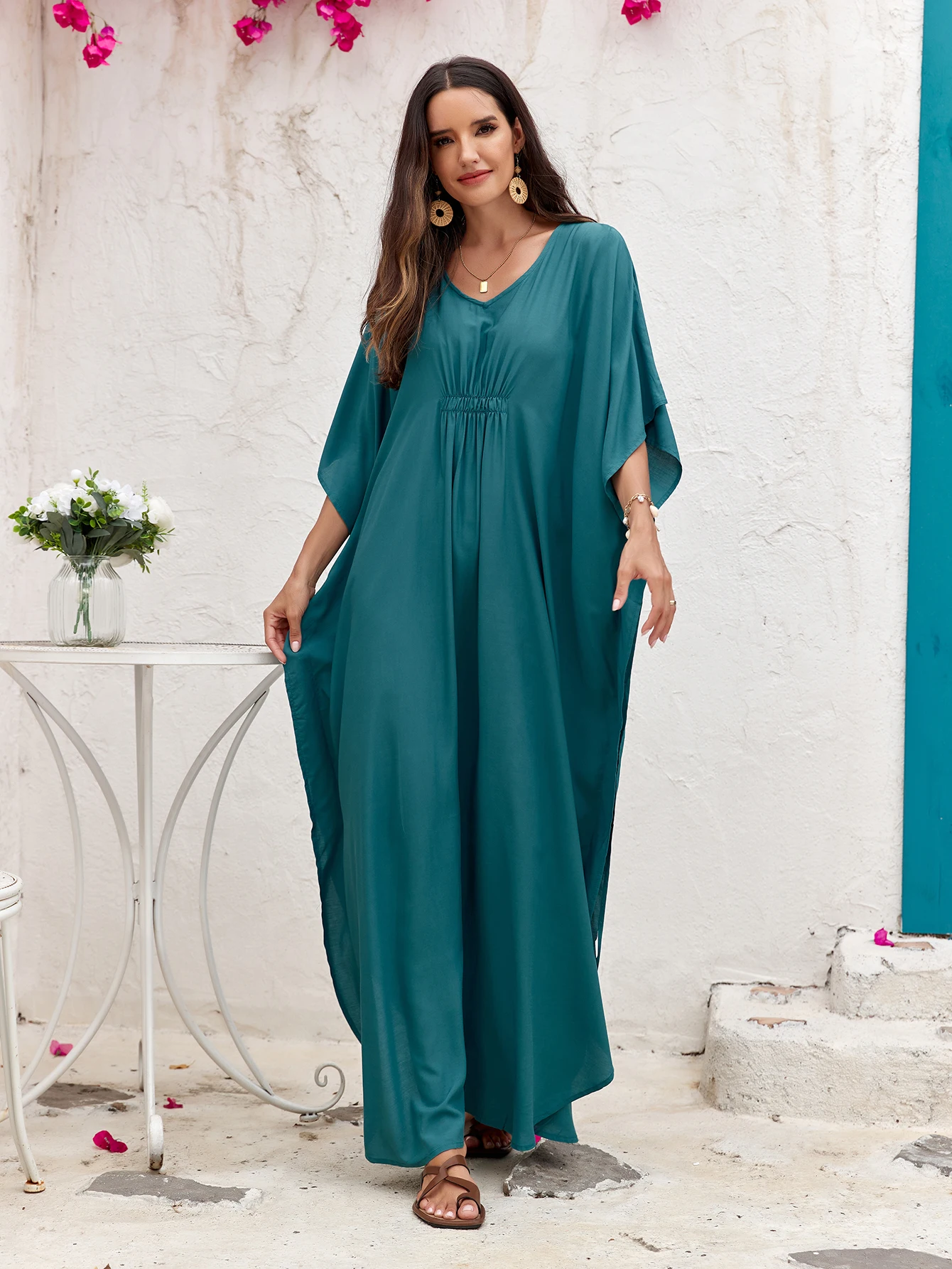 

Elegant Boho Long Robe for Ladies, Solid Side Split Beach Dress, Summer Vacation Outfit, Bikini Swimsuit Cover Up