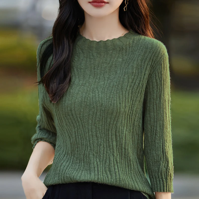 New Women Merino Wool Sweater Patterned O-neck Pullover Spring Autumn Three Quarter Sleeve Bottoming Knitwear Jacquard Tops