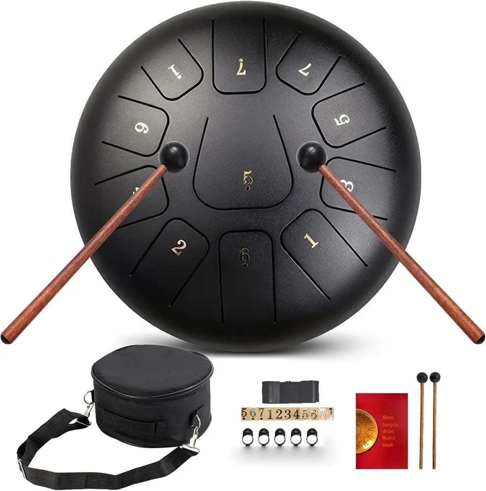 1 Ethereal-Trommelinstrumente, darunter eine 10-Zoll-Handpan mit 11 Tönen, eine Steel Tongue Drum (mit Trommelstöcken), eine Tragetasche, ein Musikstab für Meditationsmusik, Perkussionsinstrumente und