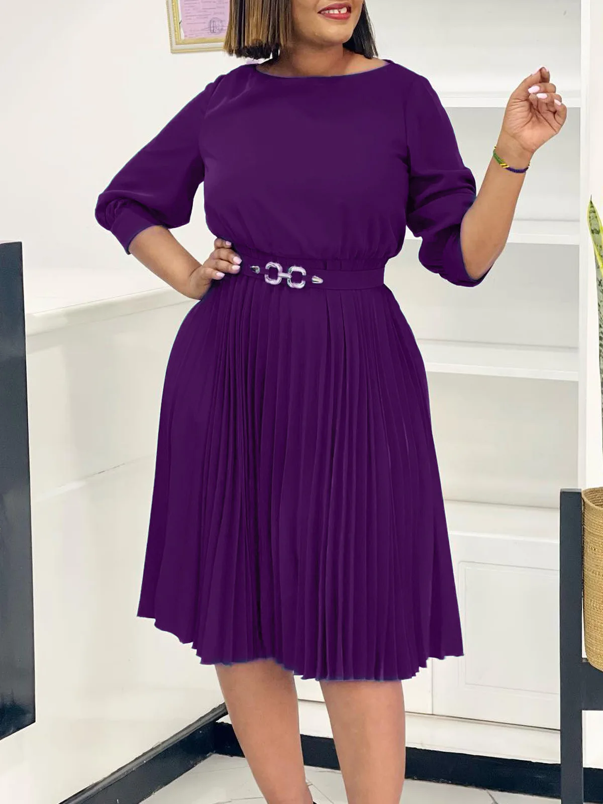 

Women's Fashionable Elegant Round-Neck Three-Quarter Sleeve Pleated Dress 2025 Style
