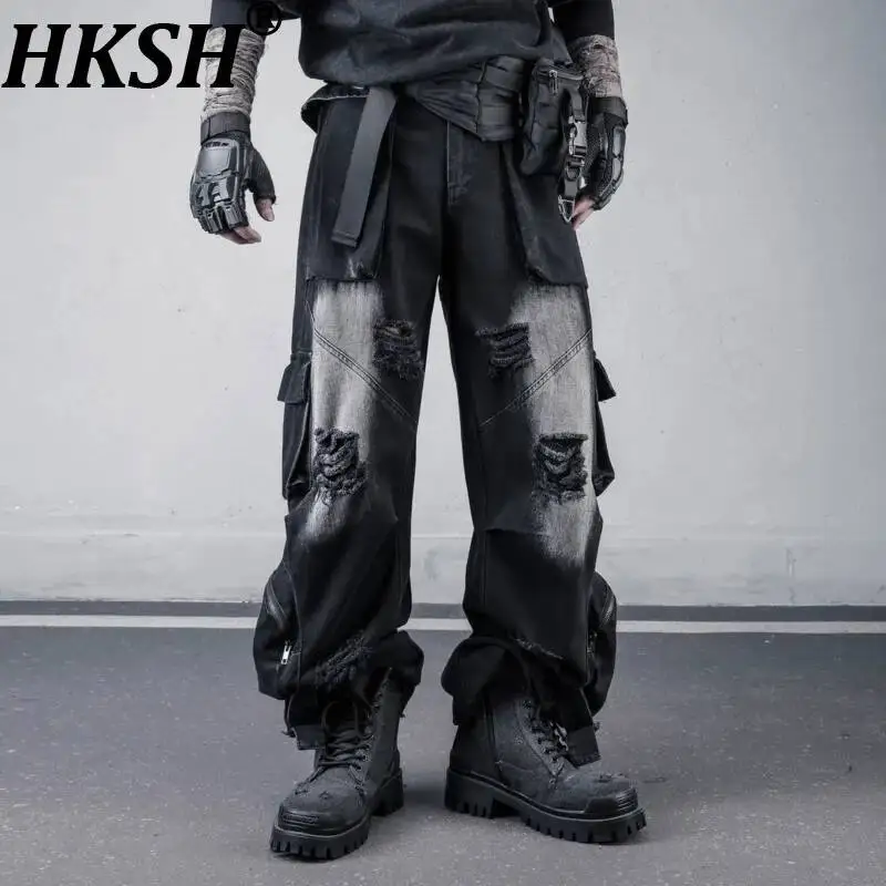 

Мужские джинсы HKSH Spring New: рваные, в стиле ретро, с широкими штанинами, карго, с карманами, в стиле High Street Chic, деним, модель HK20929