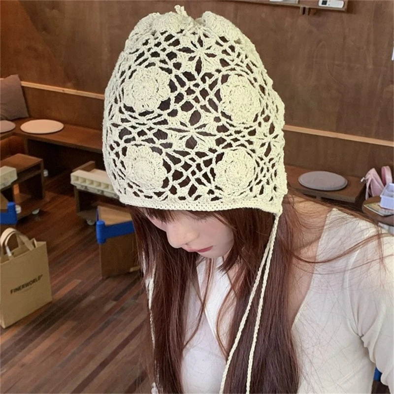 Fashion Beanie Hat for Women Girl Crochets Flower Knitted Hat Ethnic Style Cap Girl Bonnet Y2K Sweet Hat Adult Headdress