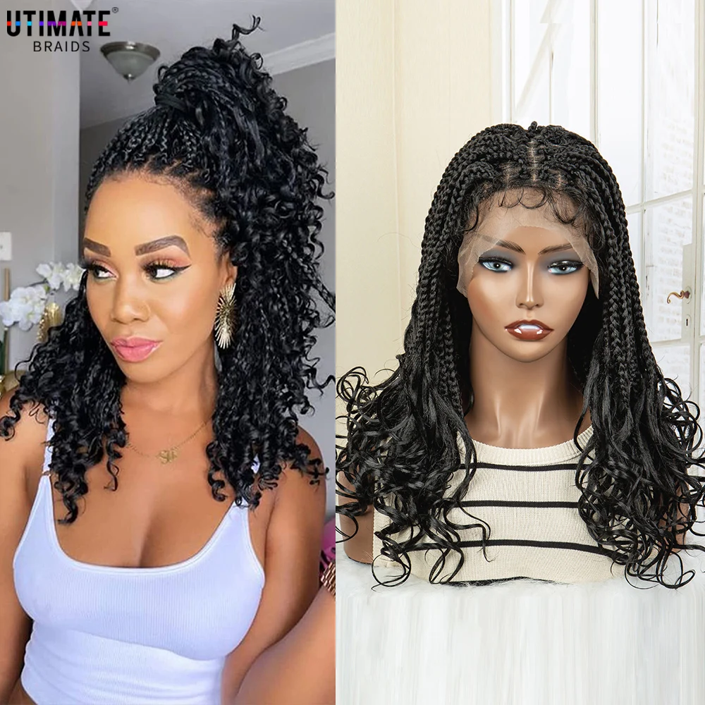 

Water Wave Synthetic Braided Wigs for Black Women Lace Frontal Curly Ends Box Braided Wig with Baby Hair Afro Wig 20 Inches