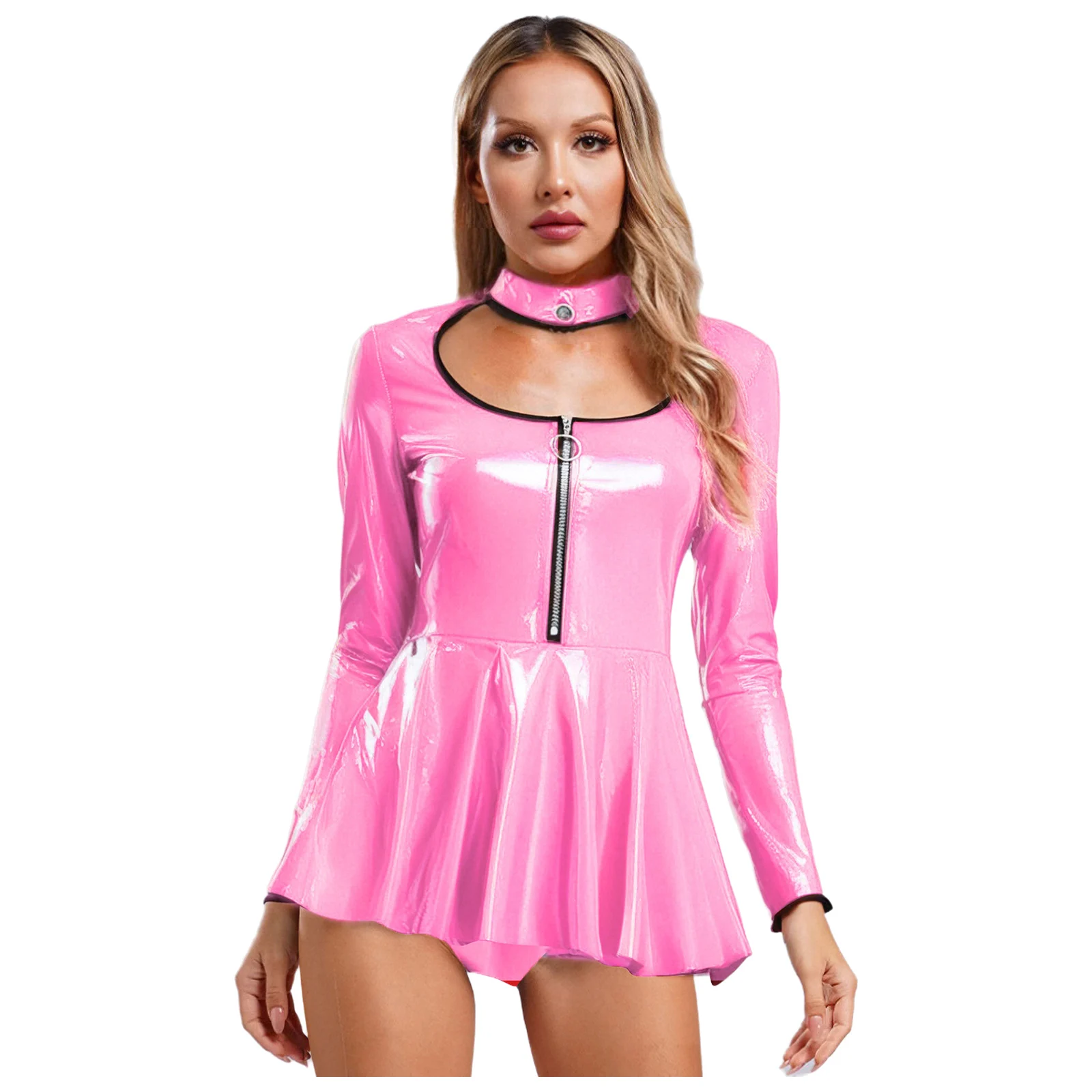 สตรีดูเปียก Latex หนังชุดเข้ารูปแขนยาวตัดชุดมินิ Glossy Rave Dance Carnival Party ชุดไนท์คลับ