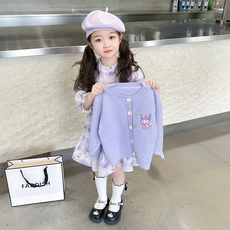 Girls Kuromi Cardigan Skirt Cartoon Sanrios Children Preppy Suit Cute Korean Style Jacket Dress Spring Autumn Children Clothes