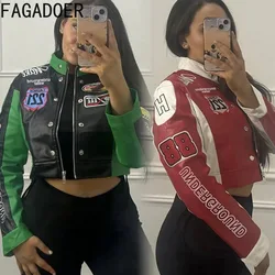 FAGADOER Fashion Streetwear Women Letter Printing Zipper Long Sleeve Crop Top Y2K Autumn New Vintage Style Jacket Not Leather