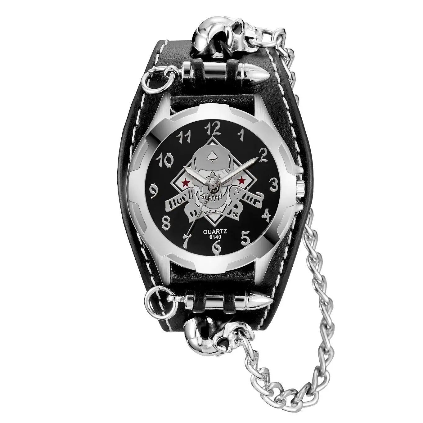 Anime Skull Round Pointer Quartz Watch - Grunge Punk Gothic Emo Halloween Cosplay Analog PU Leather Bracelet