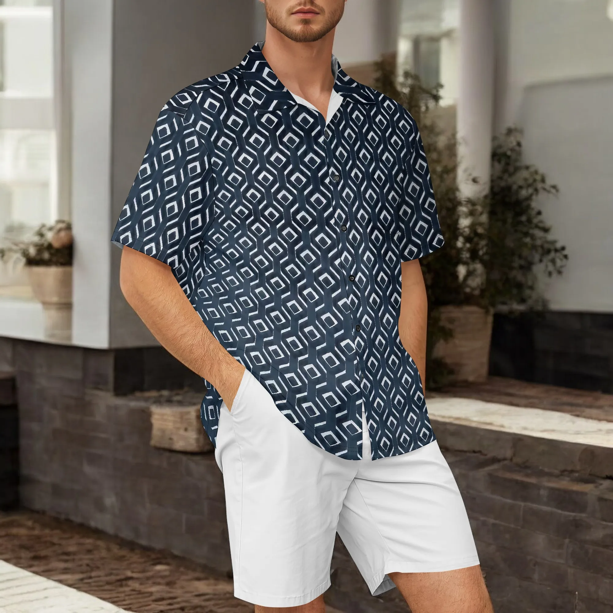 

YEAE Geometric Grid Print Shirt for Men Summer Casual Short Sleeve Top