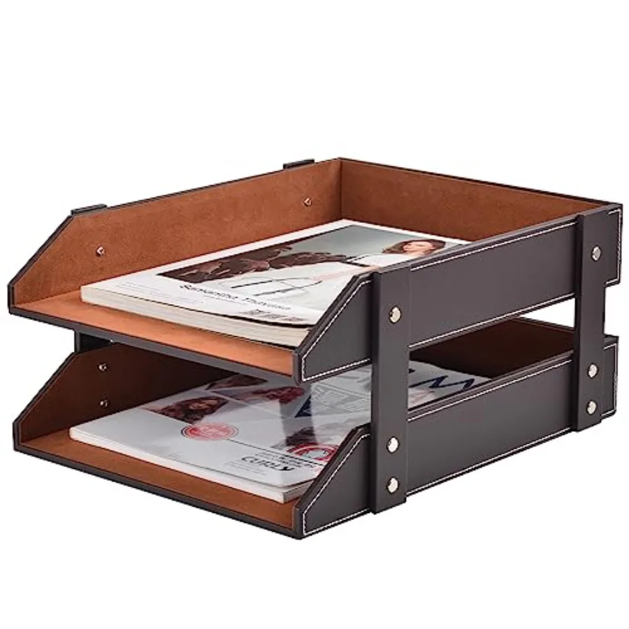 

Leather Desk Organizer2-Tier Stackable Letter Tray Holder Office Supplies Desktop Storage Box for Document Stationery Magazines