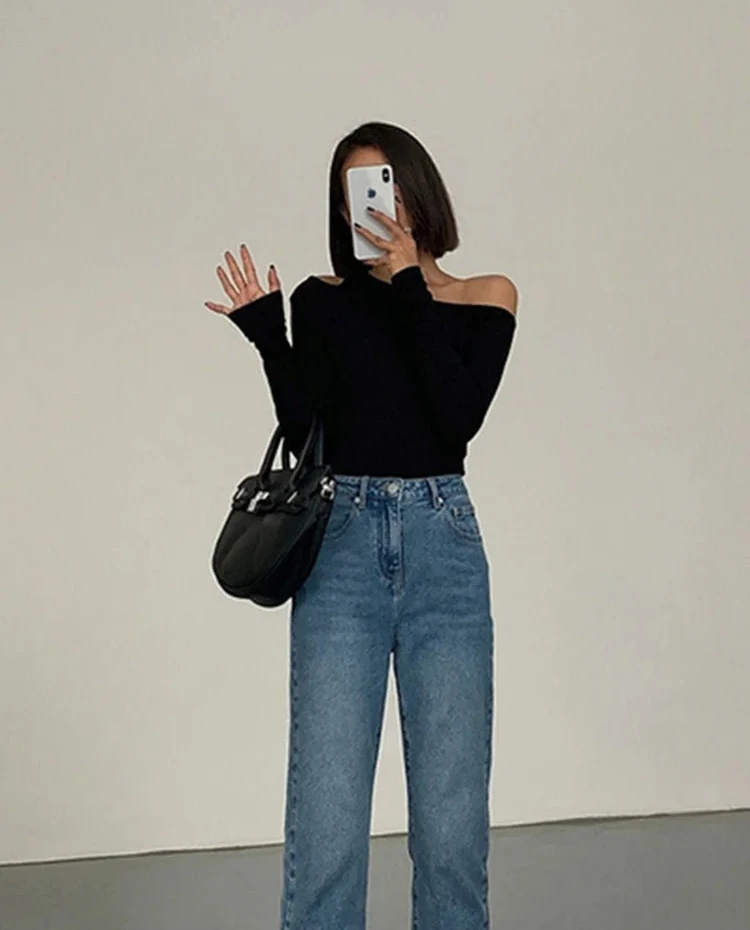 تي شيرت موضة انحراف طوق خارج الكتف طويلة الأكمام تي شيرت المرأة ربيع جديد الصلبة سليم صالح المحاصيل الأعلى مثير الجوف خارج