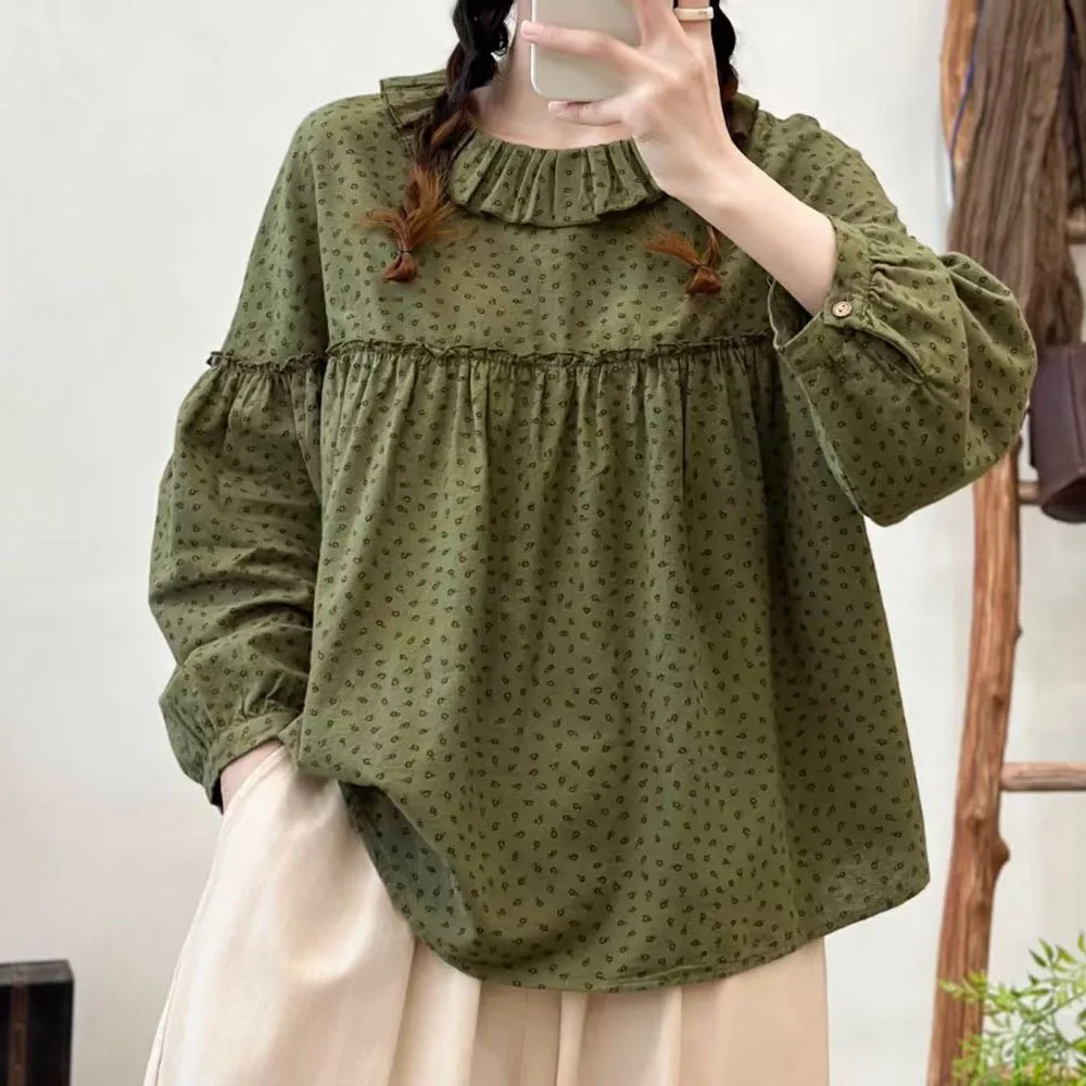 Damska koszula z długim rękawem na jesień, 100% bawełna, styl japoński vintage, z falbankami, w kropki, zielona bluzka i koszula dla kobiet.