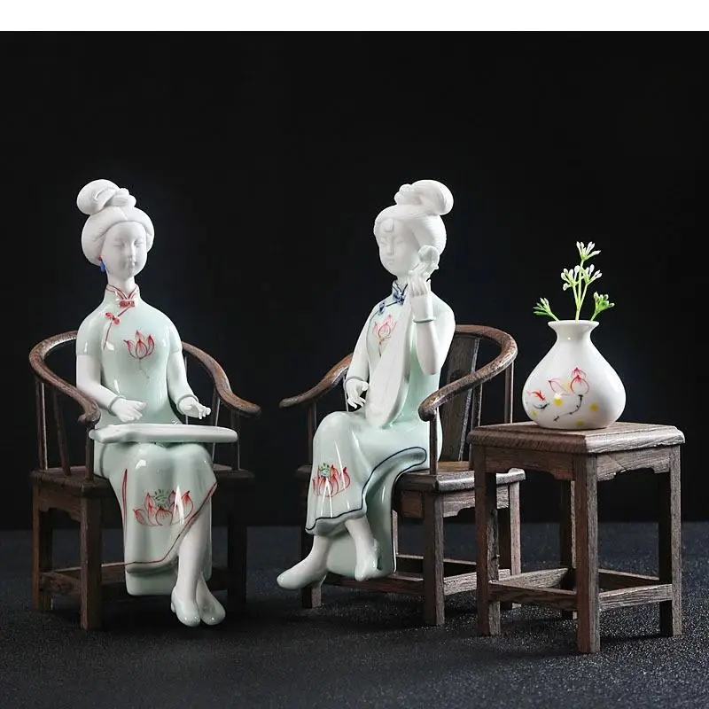 

Ceramic Crafts Chinese Style Musical Instrument Cheongsam Woman Wooden Tables and Chairs Home Decoration Accessories Vase