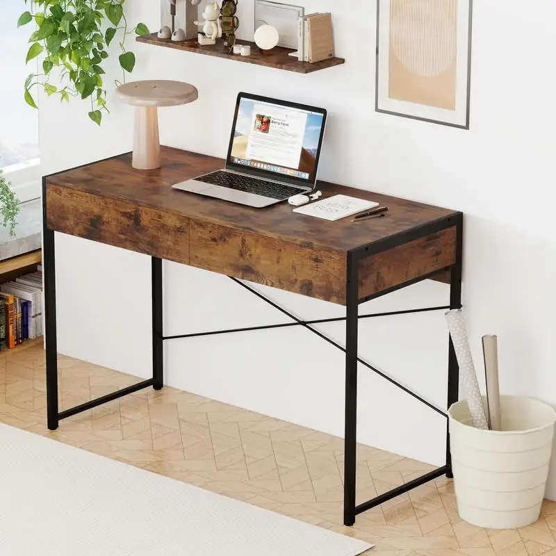 

2-Drawer Home Office Desk with Steel Frame-Brown