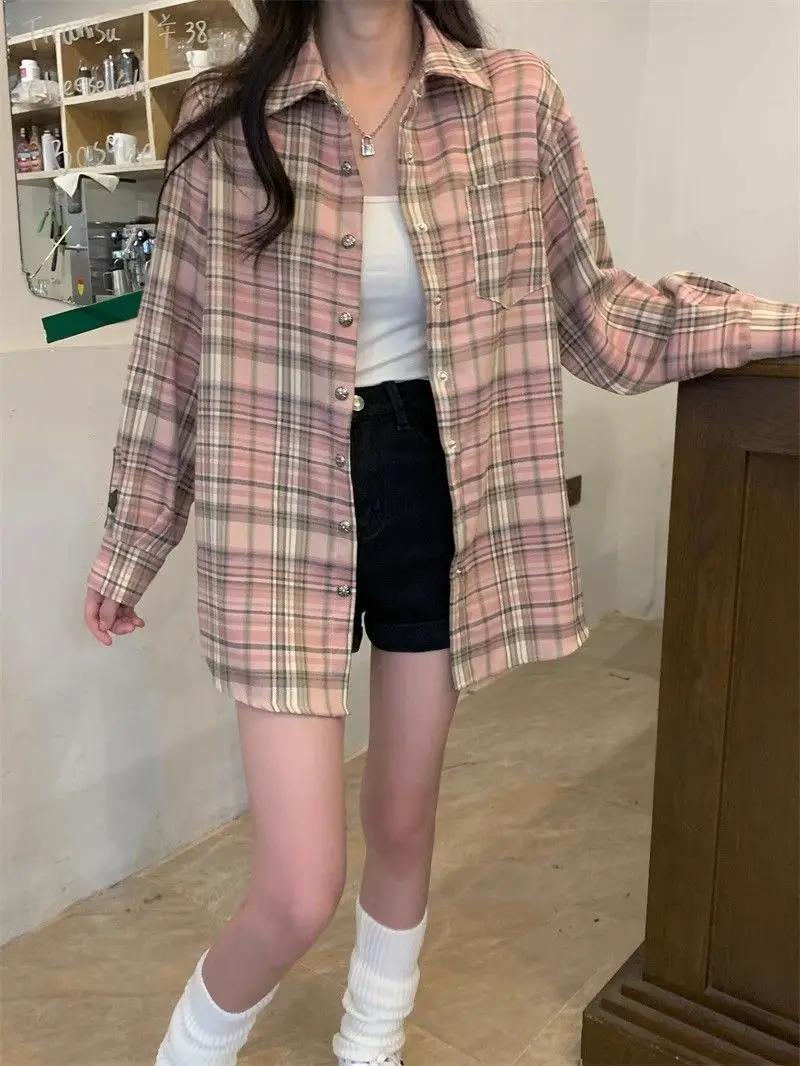 Plaid Shirt Pink Cross Button Up Blouses Female High Street Long Sleeve Tops Hippie Spring Oversize Streetwear Ins Women