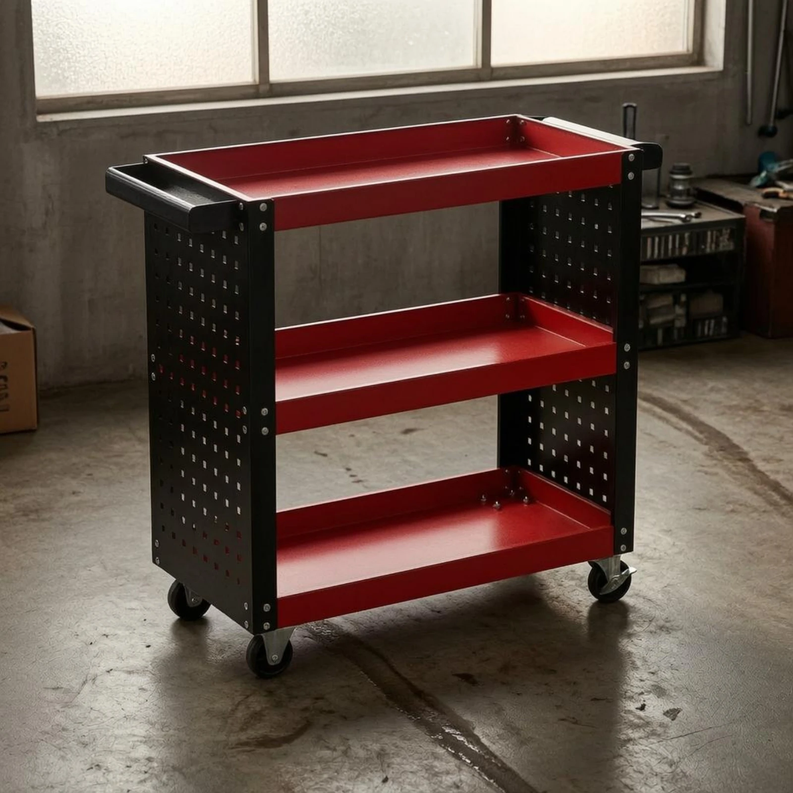 Rolling Metal Tool Cart Perforated Three-Tier Utility Cart Storage Furniture Side Handle on Wheels