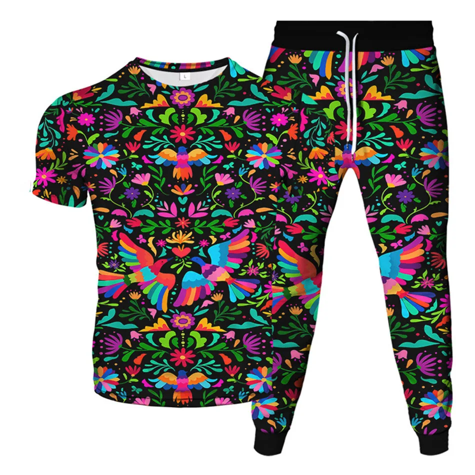 Flower Weed Animal Bird 3D Print Men Sportswear Set Short-Sleeved T Shirt Pants 2-Piece Set Oversized Pullover Men Clothing