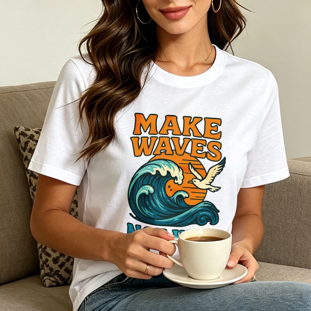 Make Waves Not War Graphic Tee Peace Dove Blue Ocean Retro Sunset Positivity Quote Men Womenc Cotton Shirt Beach Casual T-shirt