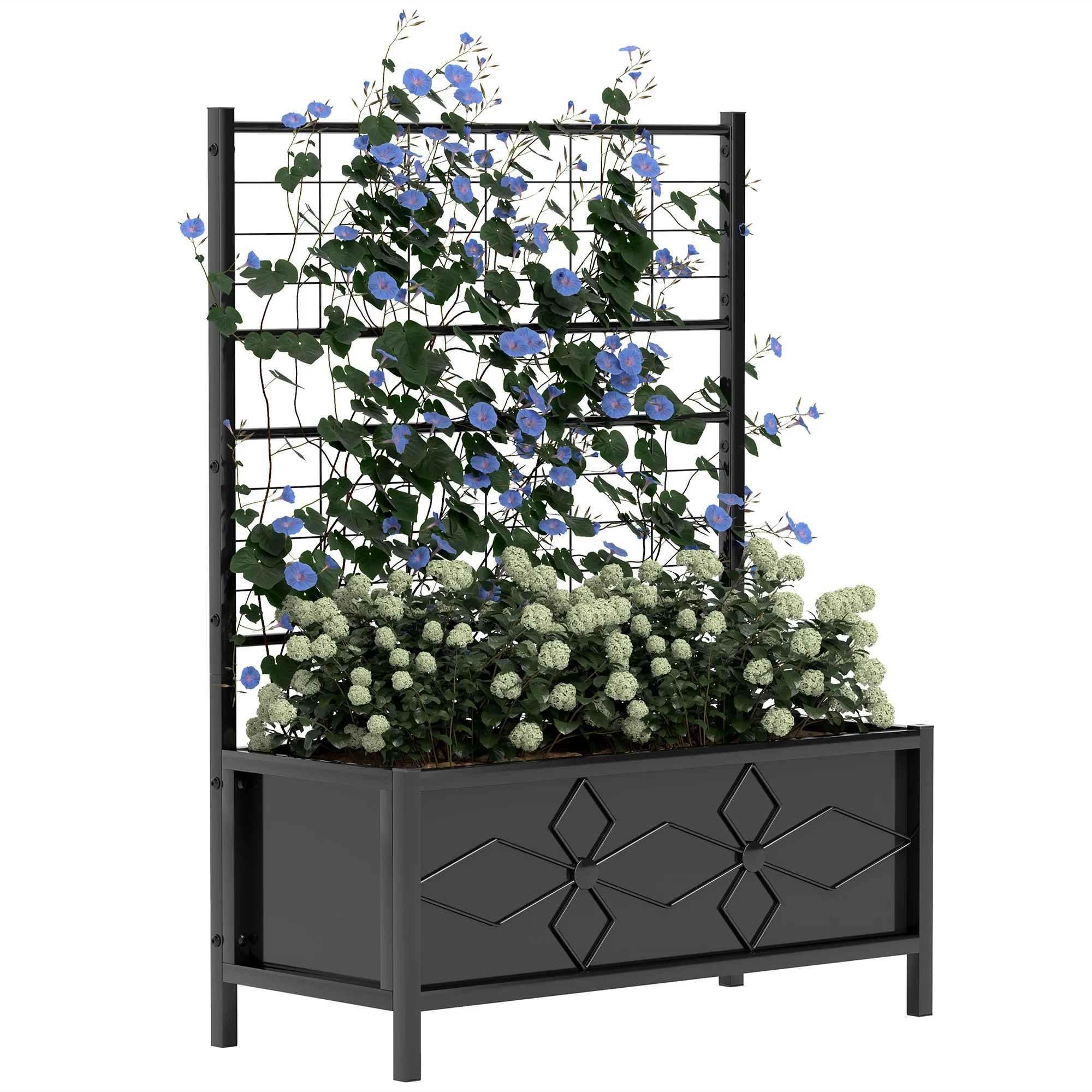 Outsunny plantenbak met pergola, verhoogde plantenbak, buiten plantenbak met lozable-patroon, drainagegaten, f-bak
