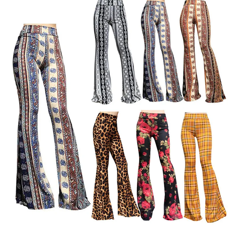 New Casual Bell Bottom Pants Women's Yoga Print Independent Station Ins Popular Long Pants Ethnic Wear Stage Costumes