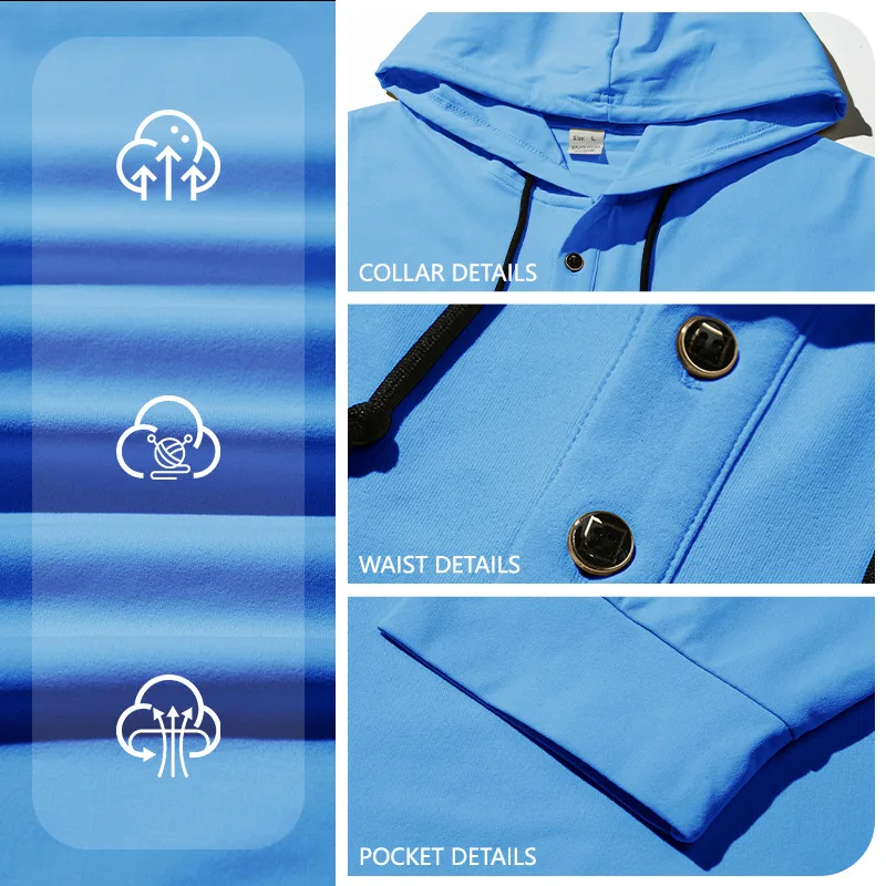 Men's Henry Neck Hooded Solid Color Half-Button Long-Sleeve Sweatshirt, Elastic Knit Casual Sports Shirt